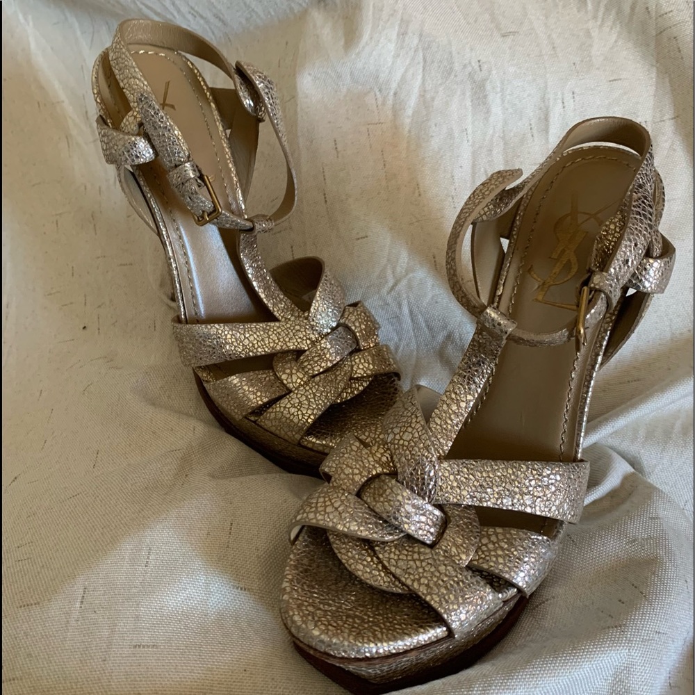 YSL tribute platform gold leather heels
